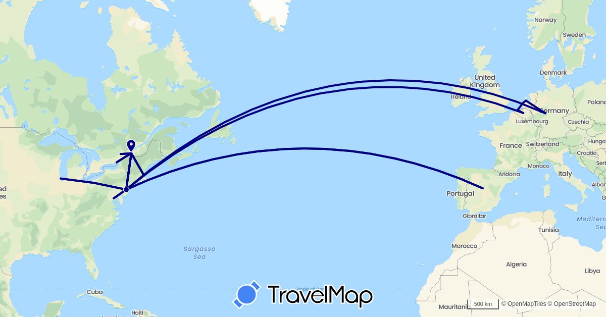 TravelMap itinerary: driving in Belgium, Canada, Germany, Spain, Netherlands, United States (Europe, North America)